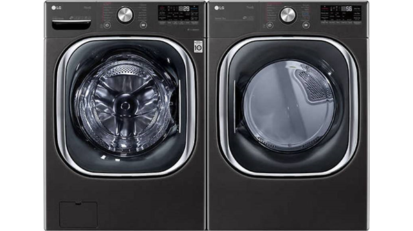 LG + 5.0 cu. ft. Front Load Washer with TurboWash 360 and 7.4 cu. ft. Gas Dryer with Intelligence