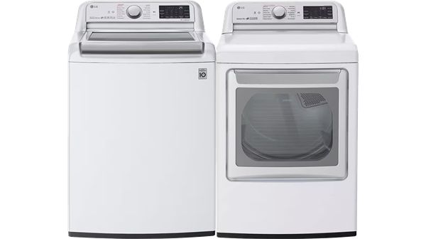 LG + 5.5 cu. ft. Smart wi-fi Enabled Top Load Washer and 7.3 cu. ft. Smart Wi-Fi Enabled Gas Dryer